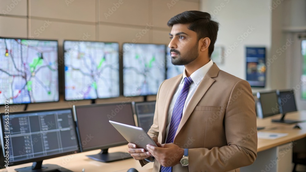 An Indian logistics manager monitoring delivery routes and performance in a high-tech control room with multiple screens. An Indian logistics manager monitoring delivery routes and performance in a high-tech control room with multiple screens.
