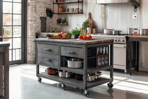 Rustic gray wood kitchen island with wheels, two drawers, one shelf, industrial metal frame for protection in gray finish.