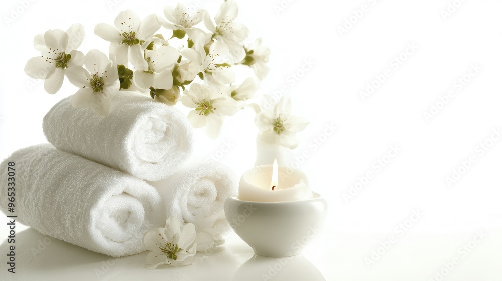 White Towels, Candle, and Blooming Flowers on a White Background White Towels, Candle, and Blooming Flowers on a White Background