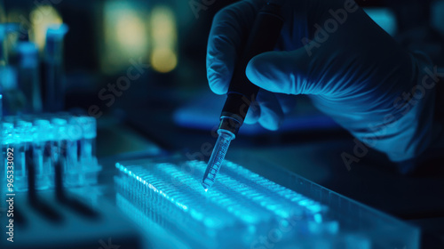 Close up of hand using pipette to transfer liquid in laboratory setting, showcasing advanced scientific research and experimentation. blue lighting adds modern and high tech feel to scene