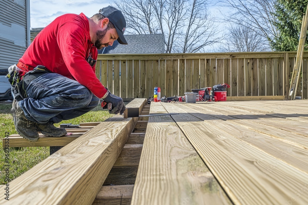 A landscaper building a custom wooden deck in a backyard. He’s measuring and cutting the wood for a perf, Generative AI A landscaper building a custom wooden deck in a backyard. He’s measuring and cutting the wood for a perf, Generative AI