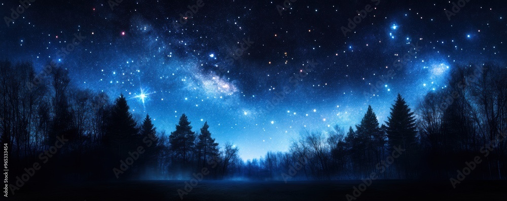A starry night with a vast open sky and silhouetted trees, rendered in watercolor style A starry night with a vast open sky and silhouetted trees, rendered in watercolor style