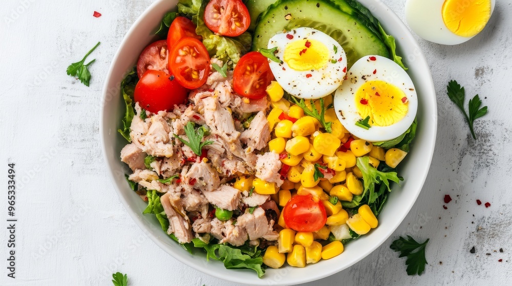 Tuna salad with egg, vegetables and corn in a white bowl, white background, top view. Tuna salad with egg, vegetables and corn in a white bowl, white background, top view.