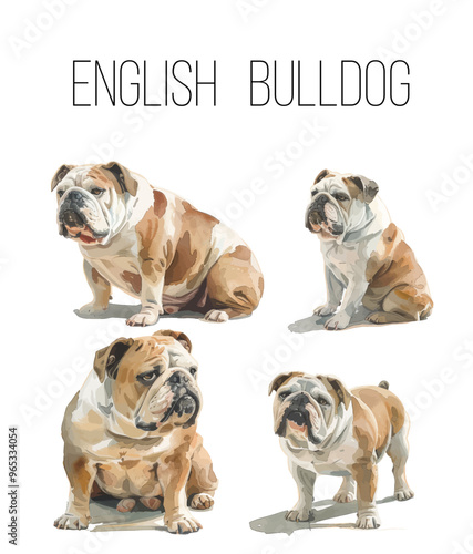 Bulldog dog in different poses watercolor style, vector illustration, isolated in white background