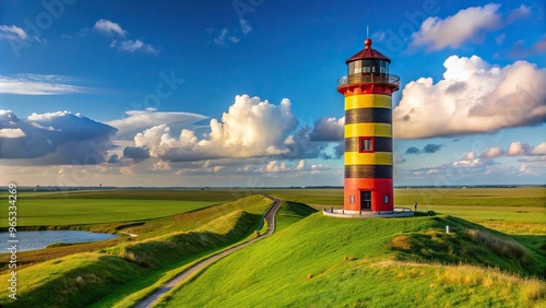 North Sea, navigational aid, tourism, Germany, structure, navigation, long shot, travel, historic, landscape, destination, Leuchtturm Pilsum Nordsee lighthouse beacon Long Shot