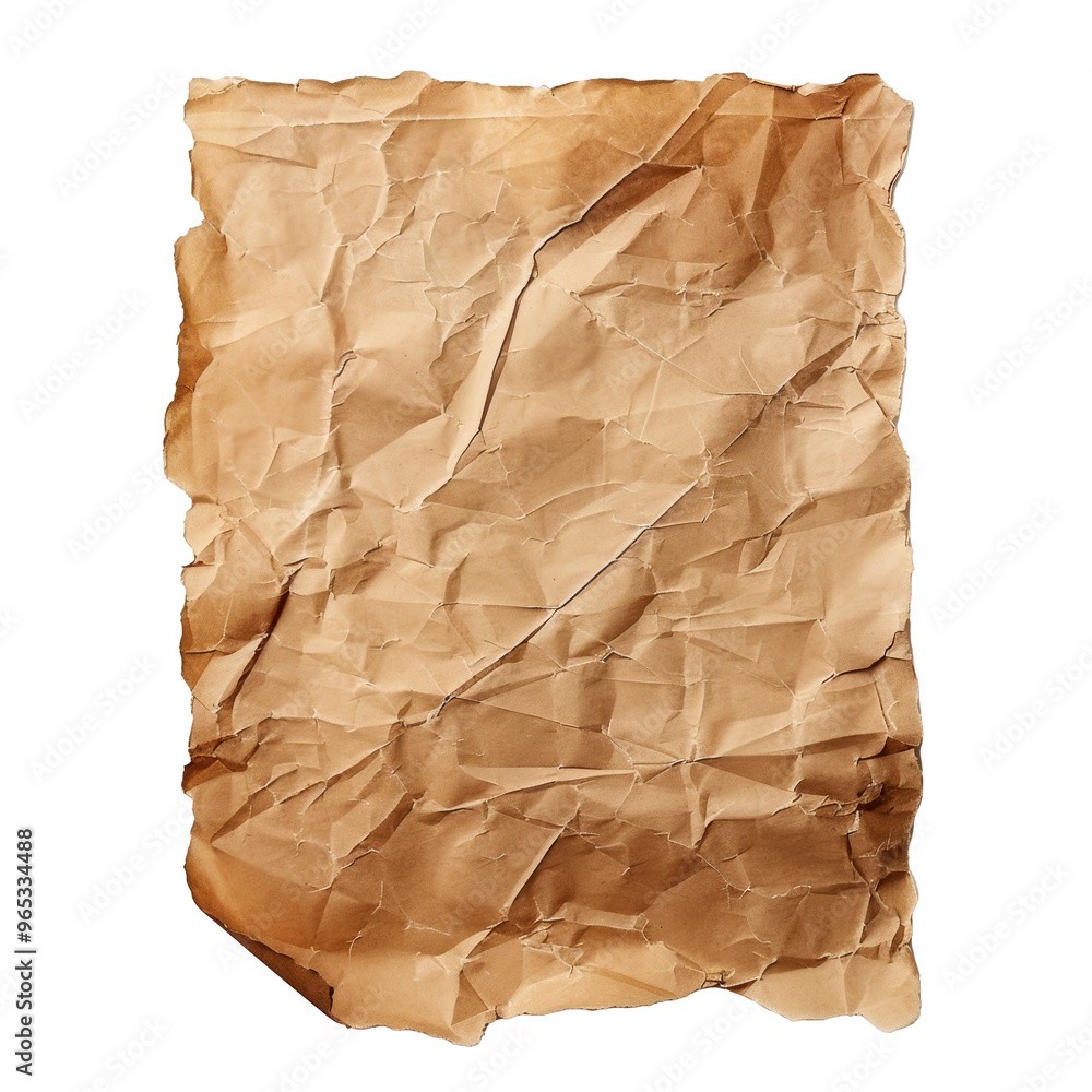 Crumpled brown paper sheet with irregular edges on a transparent background, showcasing vintage texture and an old-fashioned appearance Crumpled brown paper sheet with irregular edges on a transparent background, showcasing vintage texture and an old-fashioned appearance