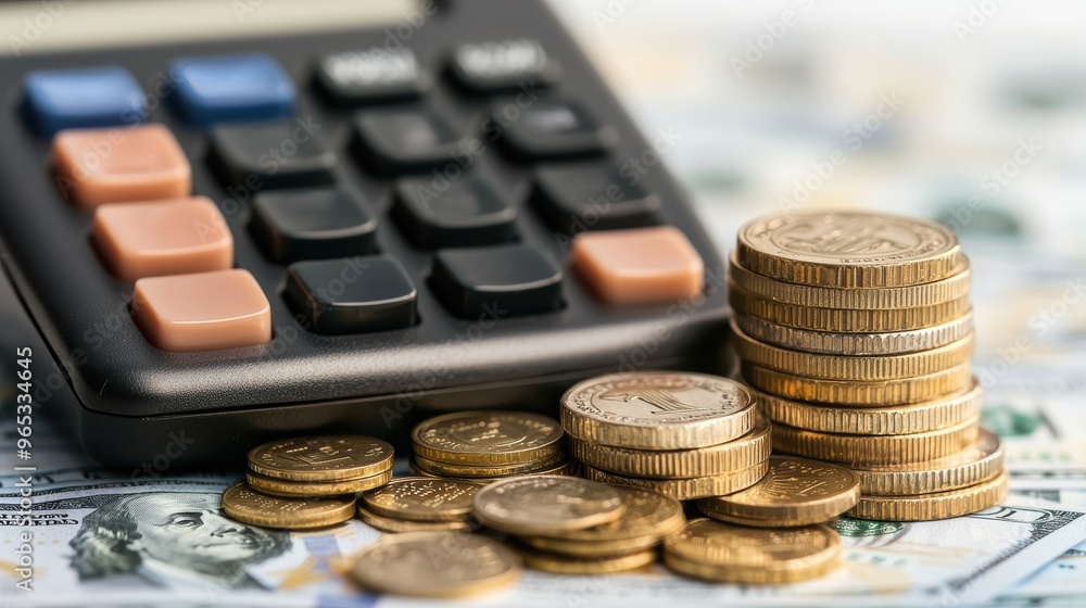 Financial Budget Analysis Concept with Calculator, Cash, and Coins in Financial Budget Analysis Concept with Calculator, Cash, and Coins in