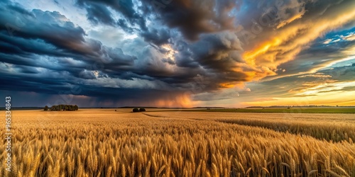 Wheat field at sunset under stormy dark cloudy skies showcasing a beautiful agricultural and farming landscape during a summer thunderstorm, agriculture, farming,wheat field