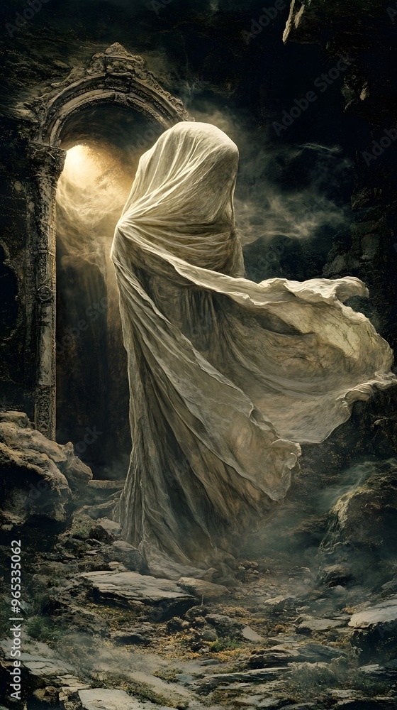 A Ghostly Figure Emerging from a Stone Archway A Ghostly Figure Emerging from a Stone Archway