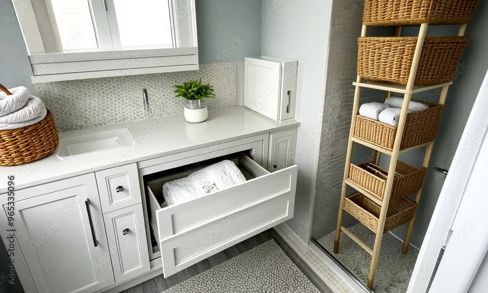 White bathroom with a towel in a drawer White bathroom with a towel in a drawer