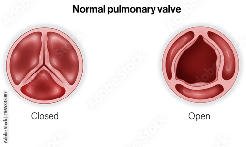 Normal Healthy Pulmonary Valve: Open and Closed Stages with Detailed Labels - Cardiac Cycle, Systole and Diastole Phases, Pulmonary Trunk Blood Flow, and Oxygenation Process