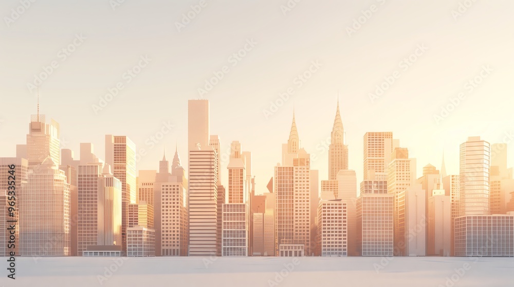 Fototapeta premium Modern City Skyline Illustration at Sunrise Featuring Tall Skyscrapers
