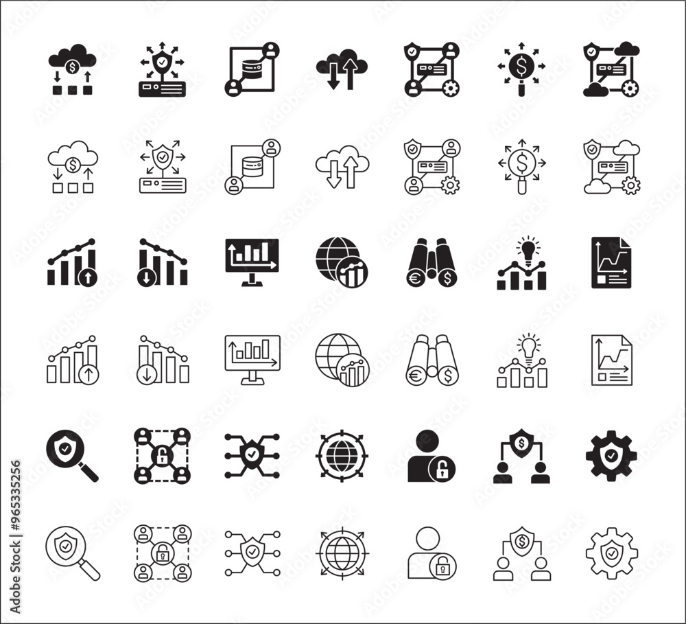 Business data, statistic and security related icon set. Contains icons of chart, analytic, database, protection, cloud, computing, research, authority, market. Thin line flat vector illustration. Business data, statistic and security related icon set. Contains icons of chart, analytic, database, protection, cloud, computing, research, authority, market. Thin line flat vector illustration.
