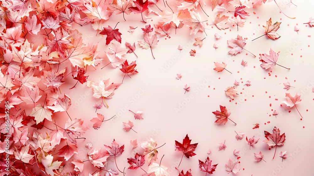 Festive maple leaf confetti scattered whimsically on a soft pastel background, adding a playful touch with ample space for Canada Day greetings Festive maple leaf confetti scattered whimsically on a soft pastel background, adding a playful touch with ample space for Canada Day greetings