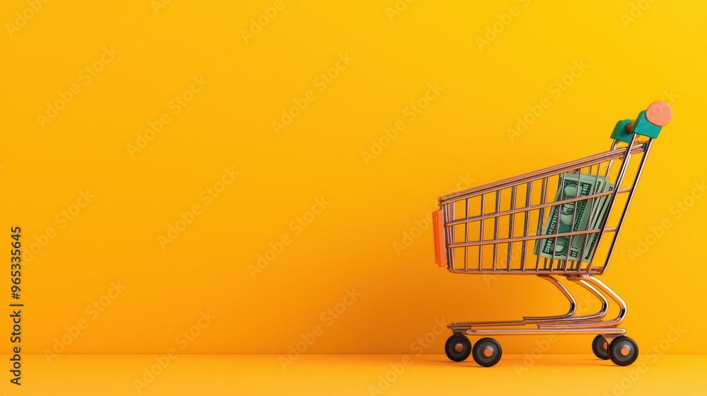 Digital Commerce Concept - Online Shopping Cart with Virtual Money in with Copy Space, Selective Focus. Digital Commerce Concept - Online Shopping Cart with Virtual Money in with Copy Space, Selective Focus.