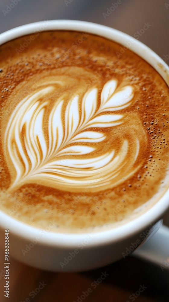 Close-up of a Latte with a Leaf Design in a White Mug Close-up of a Latte with a Leaf Design in a White Mug