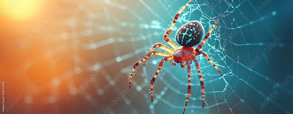 A minimal 3D spider hanging from a thin web, with bright colors, isolated on a soft background with spooky supernatural charm A minimal 3D spider hanging from a thin web, with bright colors, isolated on a soft background with spooky supernatural charm