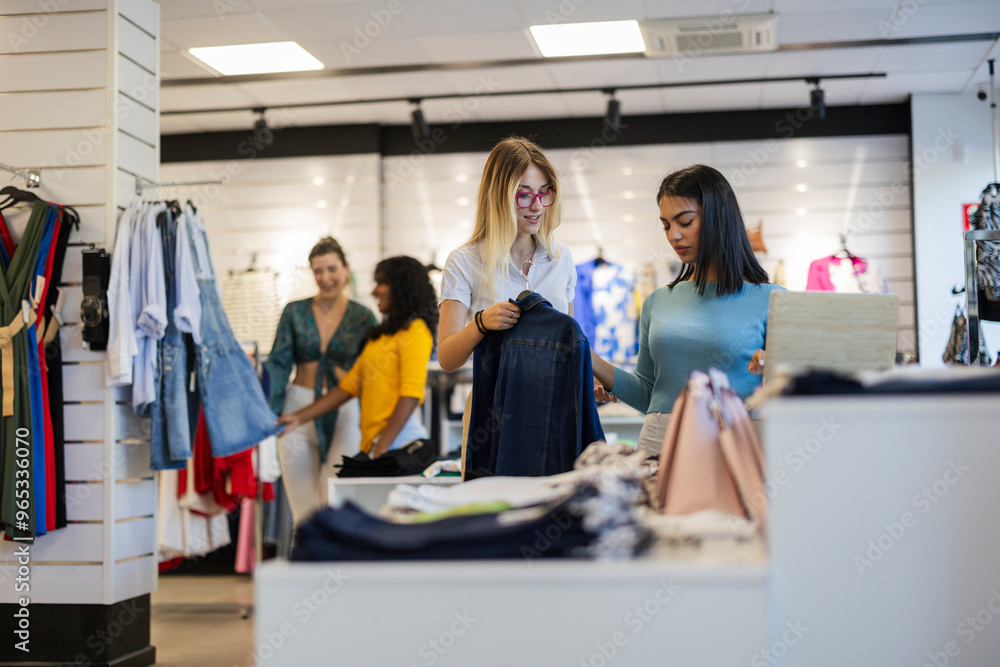 Saleswoman assisting customer buying clothes at fashion store Saleswoman assisting customer buying clothes at fashion store