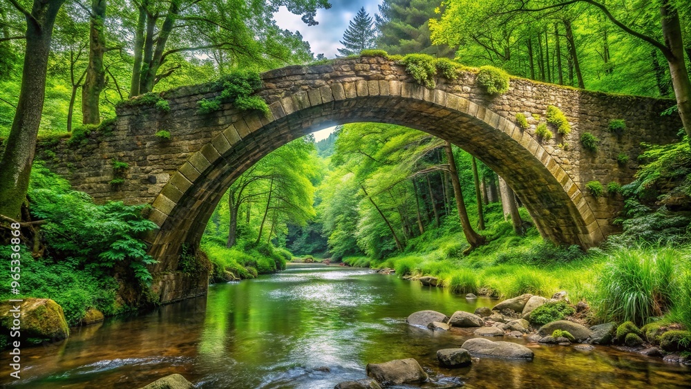 nature, wilderness, destination, stone, medieval, landscape, ancient architecture, historical, Ancient stone bridge surrounded by lush green forest captured from a low angle perspective nature, wilderness, destination, stone, medieval, landscape, ancient architecture, historical, Ancient stone bridge surrounded by lush green forest captured from a low angle perspective