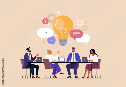 Business Team Brainstorming Concept. Vector illustration in flat style of a group of diverse people sitting at a desk and discussing an idea. Isolated on background 