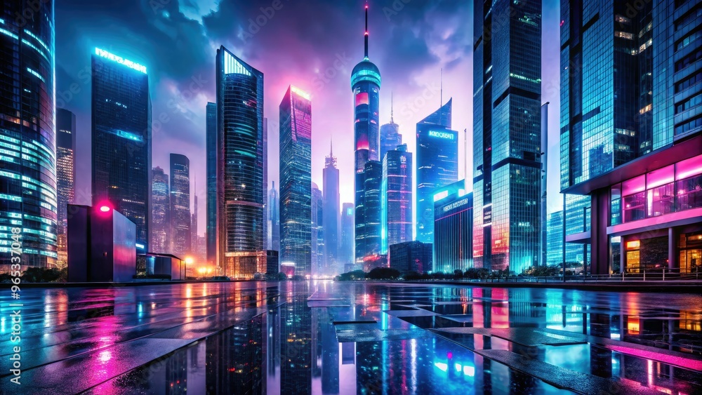 Obraz premium futuristic cityscape at dusk with sleek skyscrapers and neon lights reflected in a wet pavement with high contrast and bold color palette