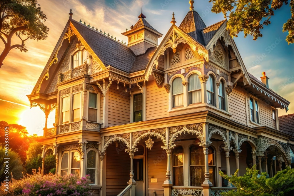golden hour warm light diffused soft focus ornate wooden architecture romantic nostalgic delicate lace-like trim intricate details historic landmark charming quaint golden hour warm light diffused soft focus ornate wooden architecture romantic nostalgic delicate lace-like trim intricate details historic landmark charming quaint