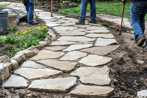 A team of landscapers installing a stone walkway in a residential garden. They’re carefully placing each, Generative AI