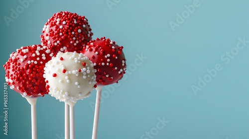 Playful red and white cake pops on a minimalist background, adding a delightful, edible element to Canada Day celebrations with room for text
