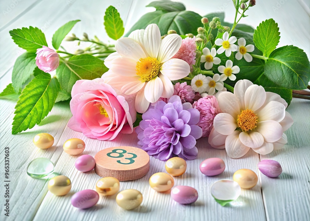 Soft pastel colors and delicate textures of flowers and leaves evoking a sense of calm and wellness supported by vitamin B3 complex Soft pastel colors and delicate textures of flowers and leaves evoking a sense of calm and wellness supported by vitamin B3 complex