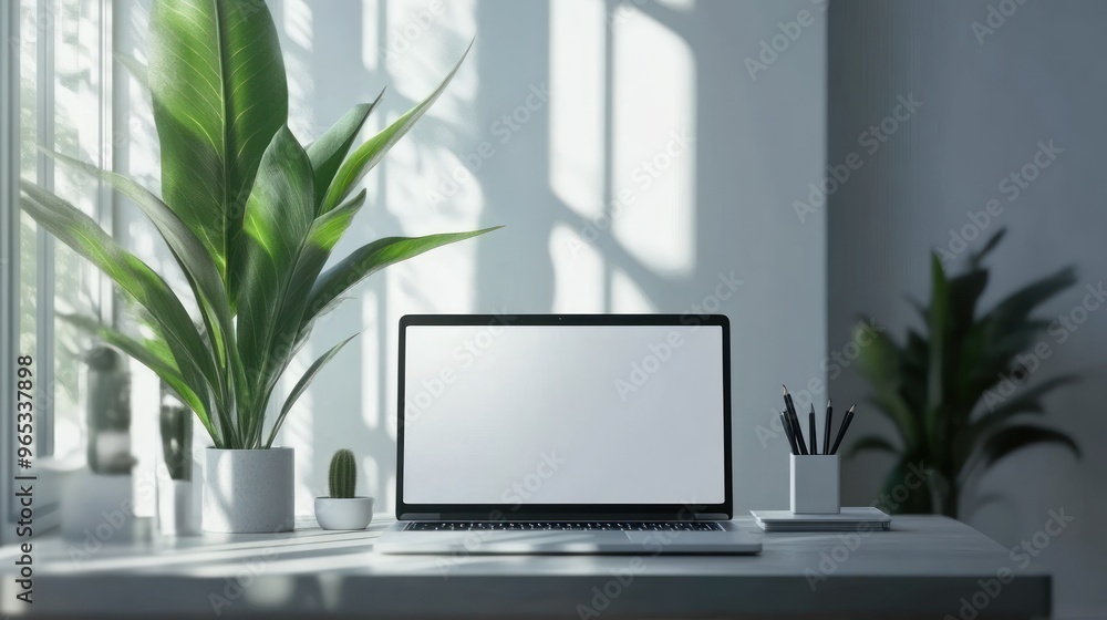 Laptop, Plants, and Office Supplies on a White Desk