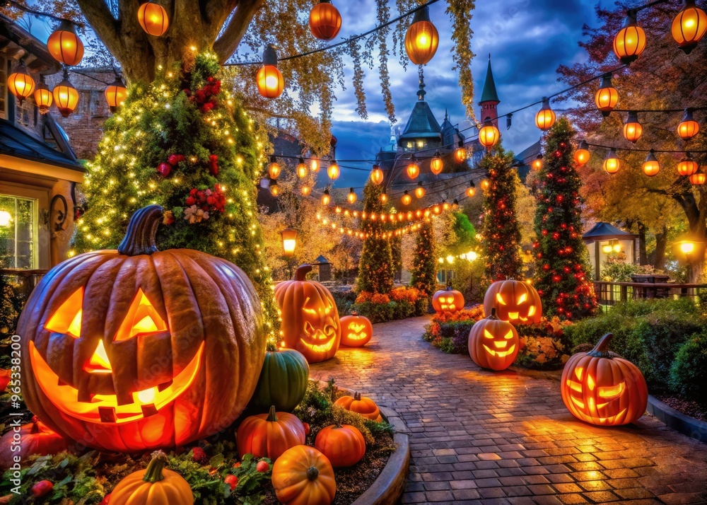 Obraz premium Spooky decorations and twinkling lights adorn a magical nighttime theme park during a festive autumn season of spooky celebrations and eerie enchantment.