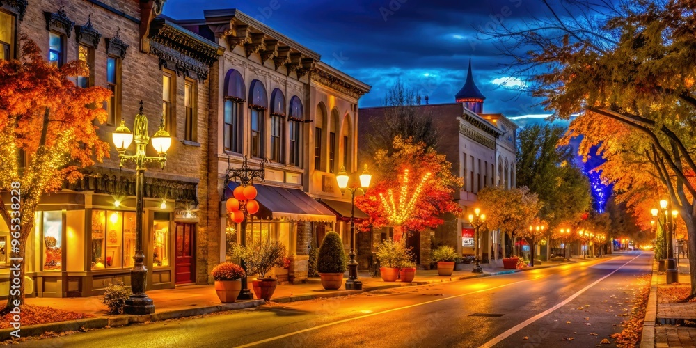 Obraz premium Spooky decorations illuminate downtown Nampa, Idaho streets on a crisp autumn evening, casting an eerie glow on historic buildings and deserted sidewalks during Halloween season.