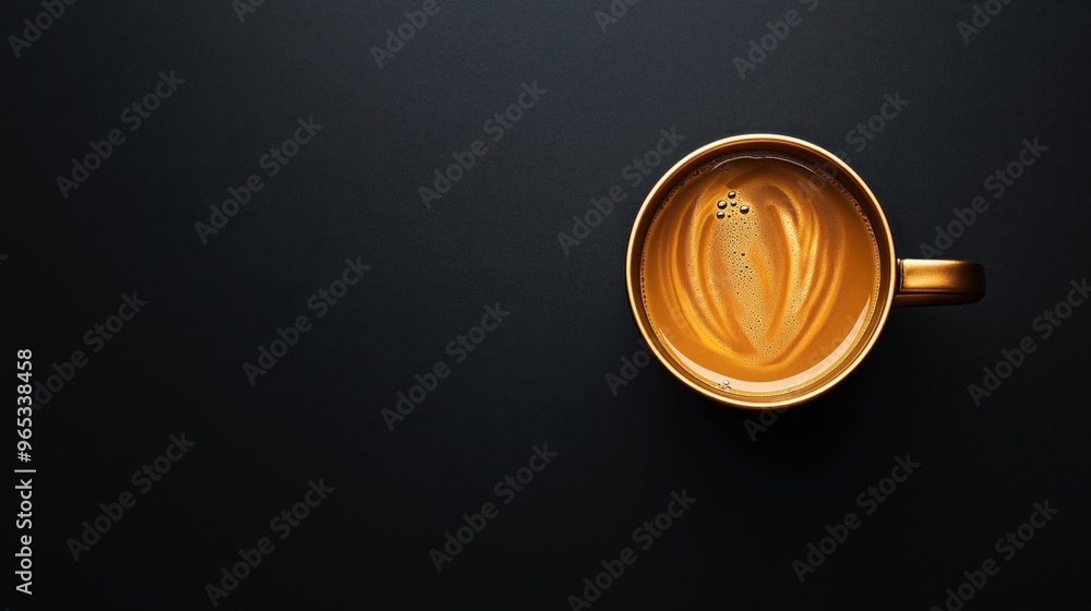 A top view of a golden coffee cup filled with coffee on a black background. The lighting highlights the coffee's surface and the cup's metallic gold hue. A top view of a golden coffee cup filled with coffee on a black background. The lighting highlights the coffee's surface and the cup's metallic gold hue.