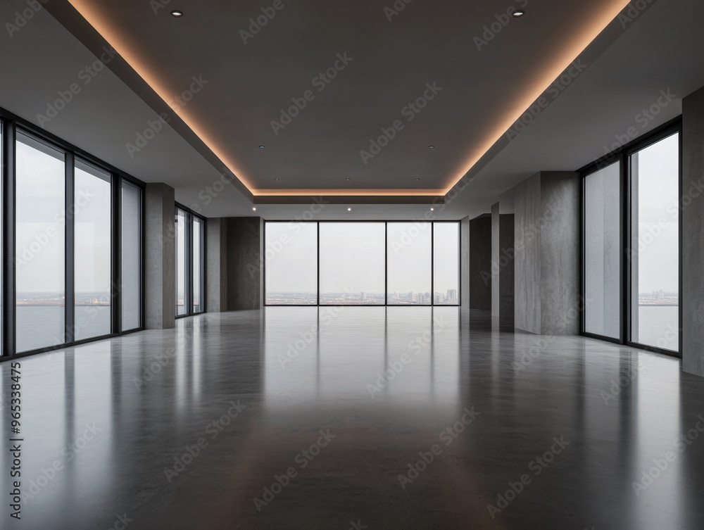 Empty room interiors with large windows providing natural lighting and views in neutral tones Empty room interiors with large windows providing natural lighting and views in neutral tones