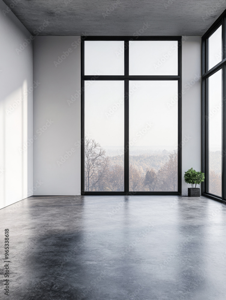 Fototapeta premium Empty room interiors with large windows providing natural lighting and views in neutral tones
