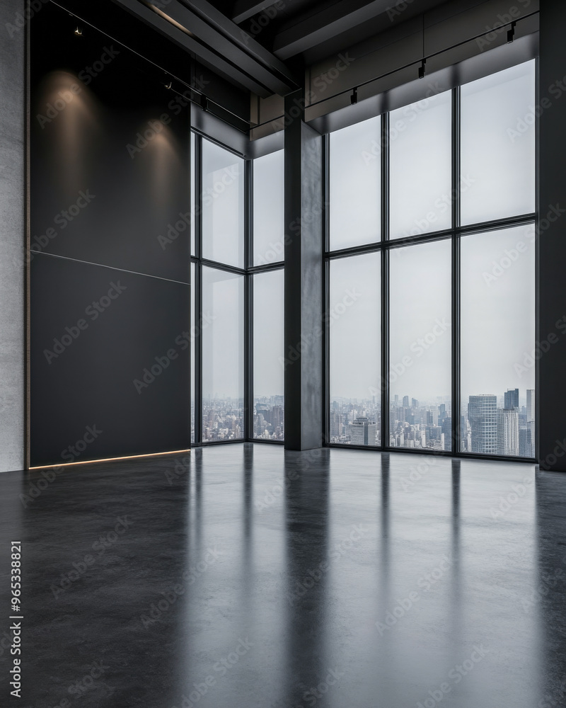Empty room interiors with large windows providing natural lighting and views in neutral tones Empty room interiors with large windows providing natural lighting and views in neutral tones