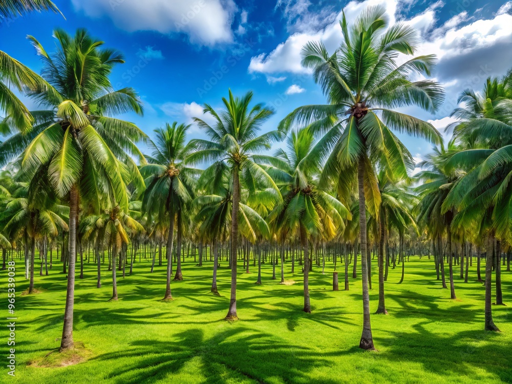 Lush green rows of coconut palms sway gently in the breeze, weaving a picturesque tapestry of a sprawling coconut farm beneath a brilliant blue sky. Lush green rows of coconut palms sway gently in the breeze, weaving a picturesque tapestry of a sprawling coconut farm beneath a brilliant blue sky.