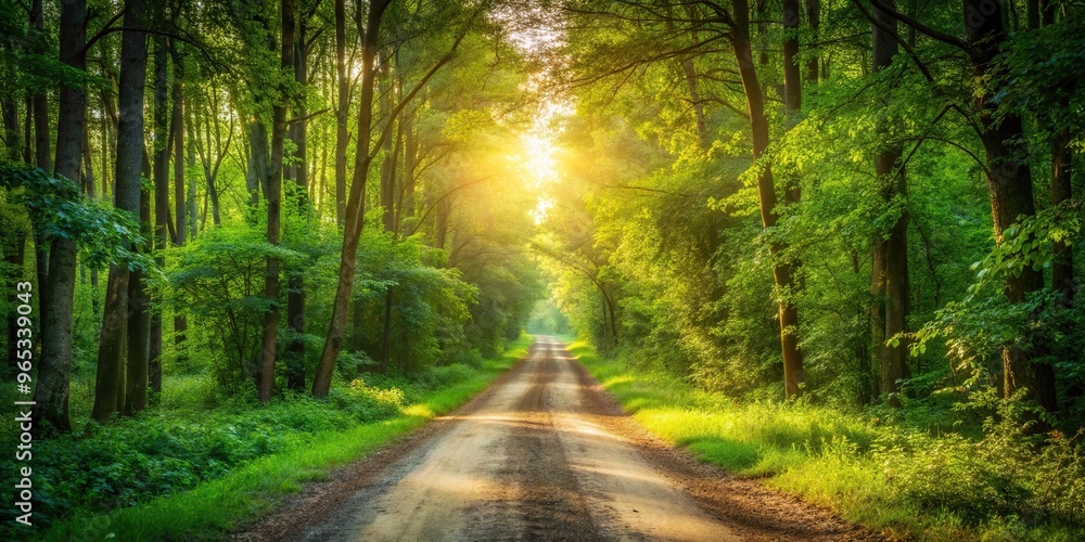 Obraz premium Dirt road cutting through a lush green forest illuminated by the warm evening sunlight, pathway, soft sunset light, serene, rural, dirt road, adventure, outdoor, sunlight, peaceful