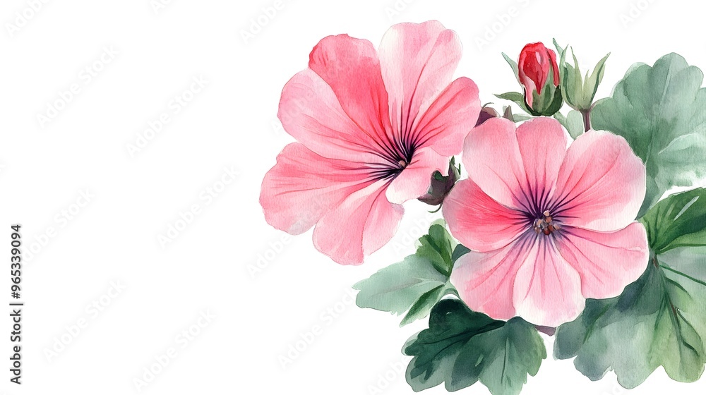 Watercolour of a geranium on pure white background canvas Watercolour of a geranium on pure white background canvas