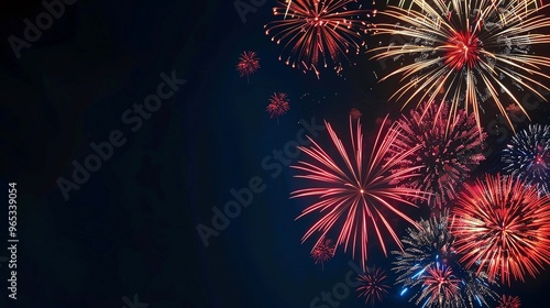 Spectacular fireworks bursting in vivid colors against a clear night sky, offering a dramatic and celebratory background with dark blank space for text photo