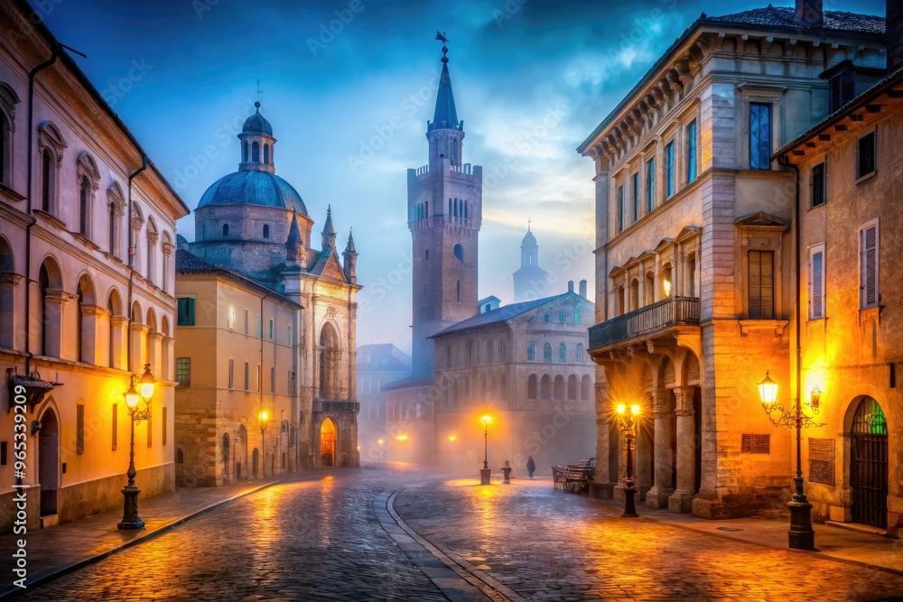 Naklejka premium Spooky illuminated cityscape of Parma at dusk on Halloween, with ornate buildings, deserted streets, and fogged-up windows, casting an eerie autumnal ambiance.