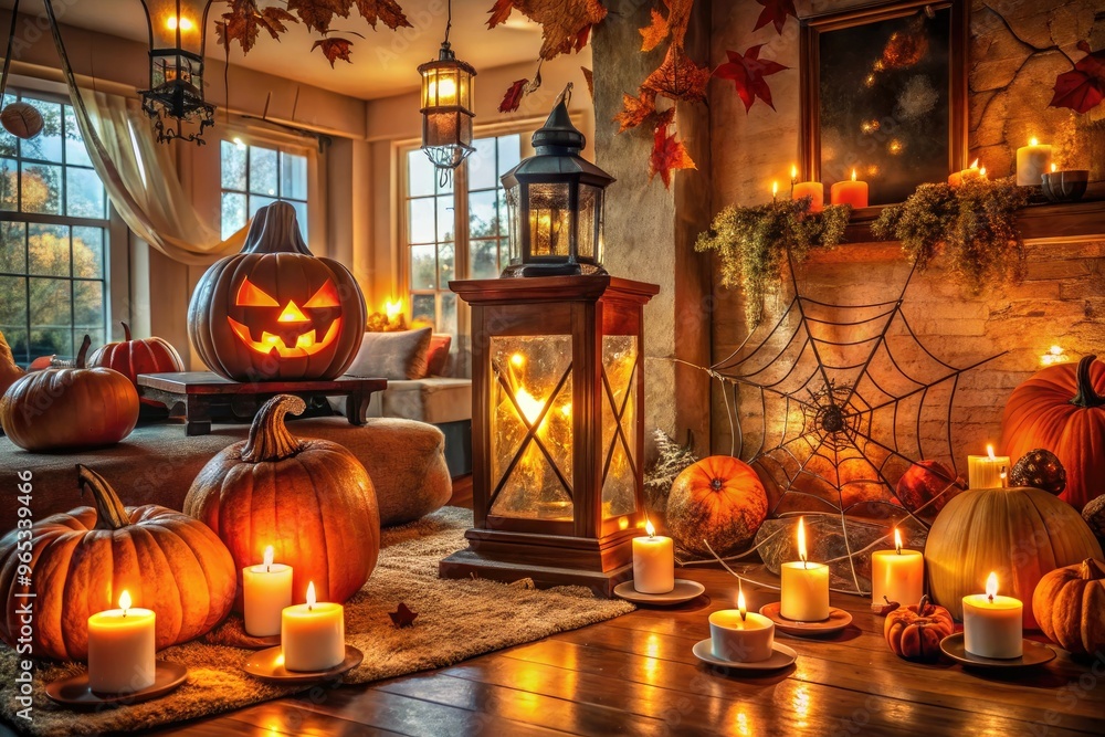 Obraz premium Spooky lanterns, cobwebs, and autumn leaves adorn a cozy living room, transformed into a haunted abode with eerie candles, pumpkins, and mysterious artifacts for Halloween.