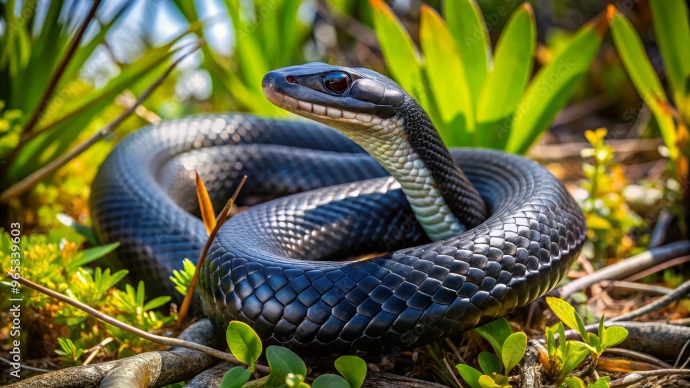 A black racer snake weaves effortlessly through the tangled brush in the Florida Everglades, its scaly body gliding silently. A black racer snake weaves effortlessly through the tangled brush in the Florida Everglades, its scaly body gliding silently.