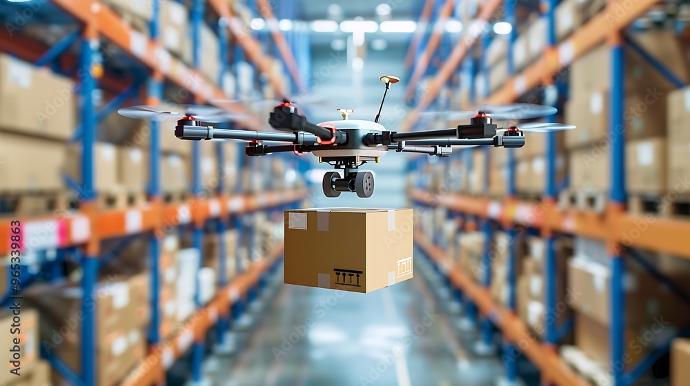 Drone flying in a warehouse delivering a package, representing the future of delivery and logistics. Drone flying in a warehouse delivering a package, representing the future of delivery and logistics.