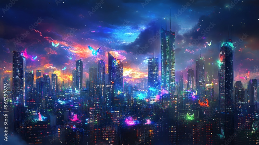 Fototapeta premium A vibrant urban skyline illuminated under a surreal night sky