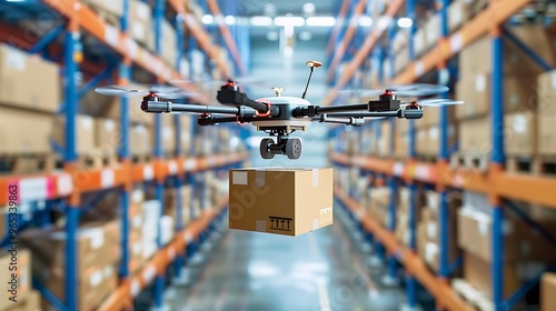 Drone flying in a warehouse delivering a package, representing the future of delivery and logistics.