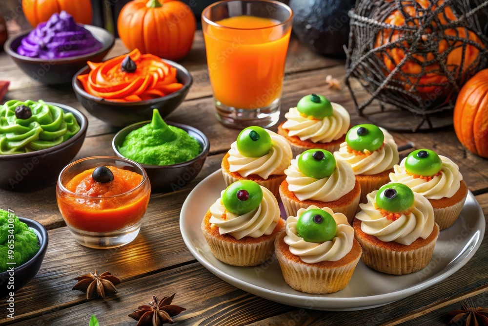 Fototapeta premium Spooky sweet and savory treats adorn a communal table, featuring witches' brew punch, monster eyes deviled eggs, and cobweb-covered cupcakes at a festive workplace gathering.