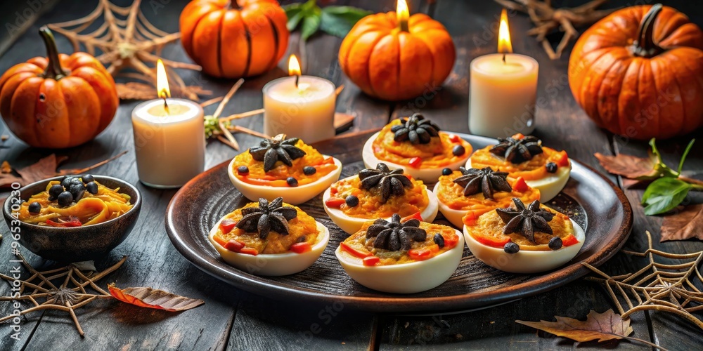 Spooky table setting featuring spider web deviled eggs, graveyard dirt cups, and jack-o-lantern pizza alongside orange and black decorations and candles. Spooky table setting featuring spider web deviled eggs, graveyard dirt cups, and jack-o-lantern pizza alongside orange and black decorations and candles.