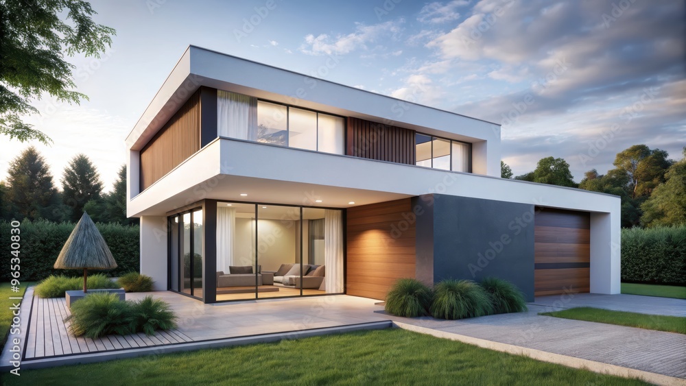 Modern house with wooden facade and large windows Modern house with wooden facade and large windows