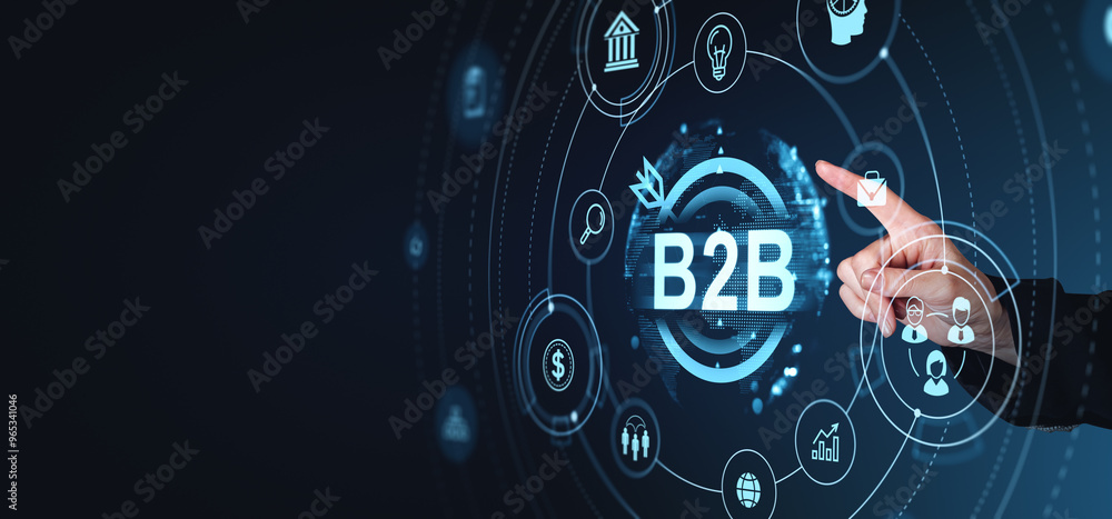 Business concept showcasing B2B network with various icons and graphics. Futuristic style on a dark background. Represents business, technology, and collaboration Business concept showcasing B2B network with various icons and graphics. Futuristic style on a dark background. Represents business, technology, and collaboration